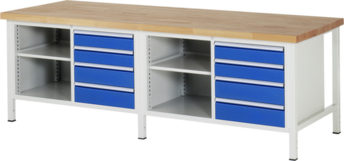 RAU Établi à hauteur réglable Serie 8000, 8 tiroirs, 4 tablettes, RAL7035 gris clair/RAL5010 bleu gentiane