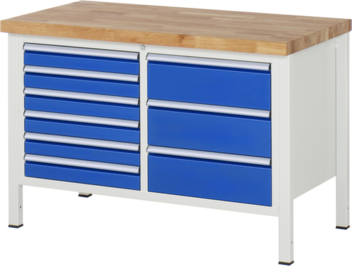 RAU Établi à hauteur réglable Serie 8000, 9 tiroirs, RAL7035 gris clair/RAL5010 bleu gentiane