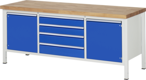 RAU Établi à hauteur réglable Serie 8000, 4 tiroirs, 2 armoires, RAL7035 gris clair/RAL5010 bleu gentiane