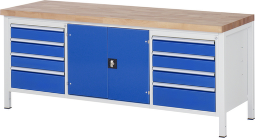 RAU Établi à hauteur réglable Serie 8000, 8 tiroirs, 1 armoire, RAL7035 gris clair/RAL5010 bleu gentiane