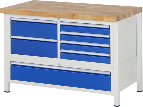 RAU Établi à hauteur réglable Serie 8000, 7 tiroirs, RAL7035 gris clair/RAL5010 bleu gentiane