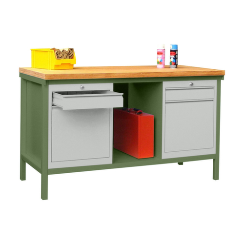 PAVOY Établi avec différents soubassements, 2 blocs tiroirs, 1 tablette