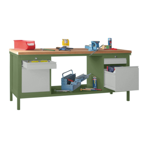 PAVOY Établi avec différents soubassements, 2 blocs tiroirs, 1 tablette