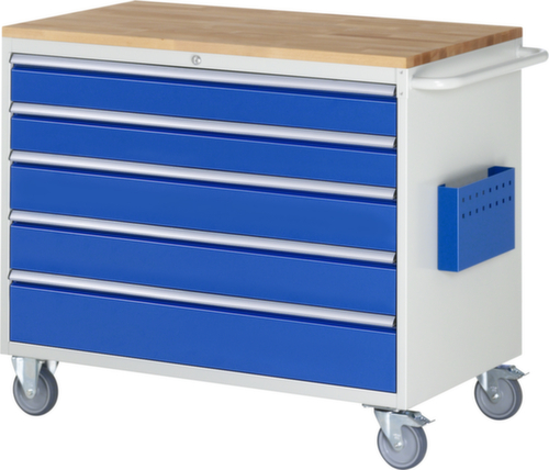 RAU Établi mobile Serie 7000, 5 tiroirs, 1 pochette pour documents, 1 barre de poussée, RAL7035 gris clair/RAL5010 bleu gentiane