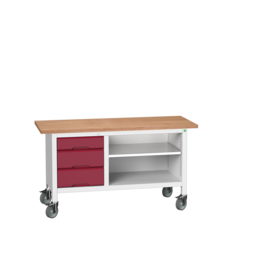 bott Bloc établi mobile verso, 3 tiroirs, 1 tablette, RAL7035 gris clair/RAL3004 rouge pourpre