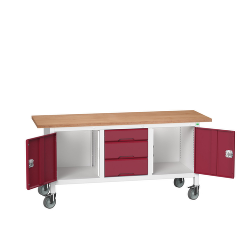 bott Bloc établi mobile verso, 3 tiroirs, 2 armoires, RAL7035 gris clair/RAL3004 rouge pourpre