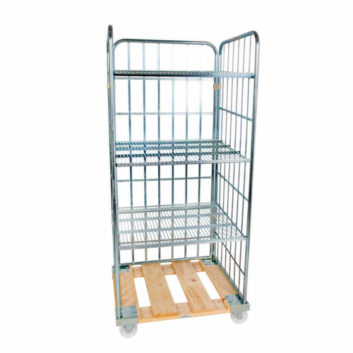 Bac sur roulettes rolltainer® avec 3 parois et 3 tablettes, force 500 kg, longueur x largeur 810 x 724 mm