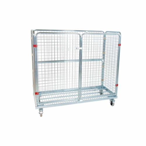 Bac sur roulettes avec 3 parois et porte, force 500 kg, longueur x largeur 620 x 1500 mm
