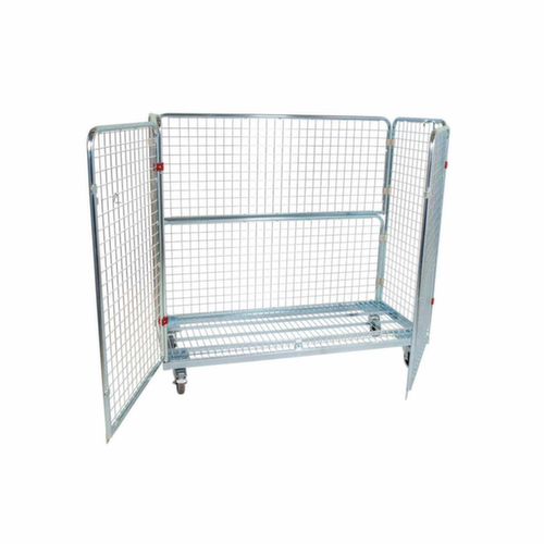 Bac sur roulettes avec 3 parois et porte, force 500 kg, longueur x largeur 620 x 1500 mm