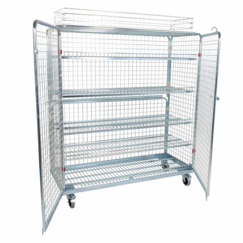 bac sur roulettes avec parois grillagées et tablettes, force 500 kg, longueur x largeur 620 x 1500 mm