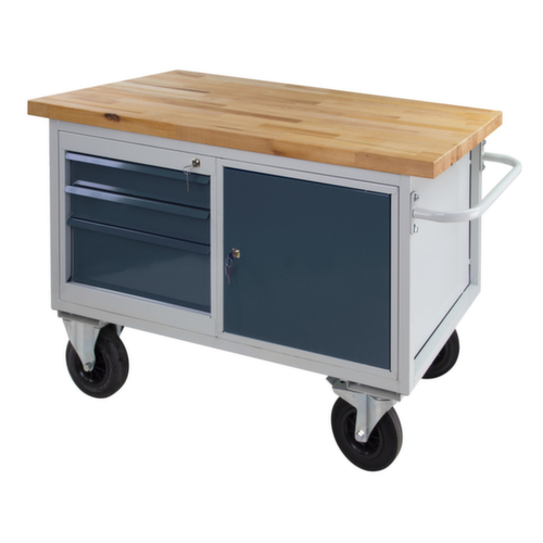 Établi mobile, 3 tiroirs, 1 armoire, 1 tablette, RAL7035 gris clair/RAL7016 gris anthracite