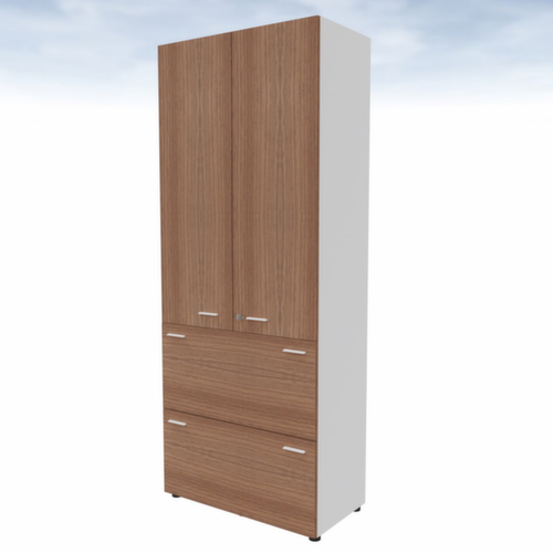 Quadrifoglio Armoire combinée T45 avec 2 tiroirs pour dossiers suspendus, 2 extensions, blanc/noyer