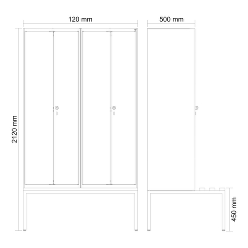 C+P armoire vestiaire en noir et blanc Evolo PLUS avec double compartiment et banc, largeur de compartiment 300 mm