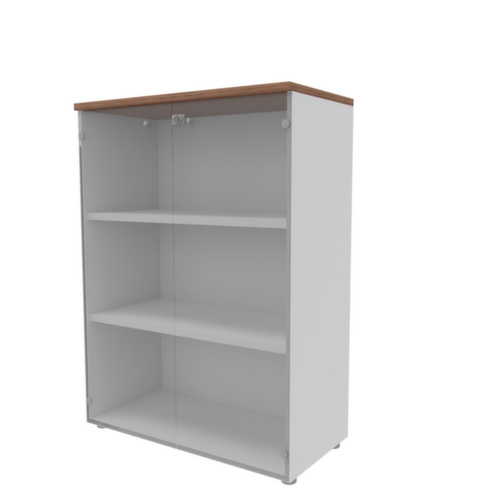 Quadrifoglio Armoire de bureau à portes vitrées Practika avec portes sans cadre, 3 hauteurs des classeurs, corps blanc/noyer
