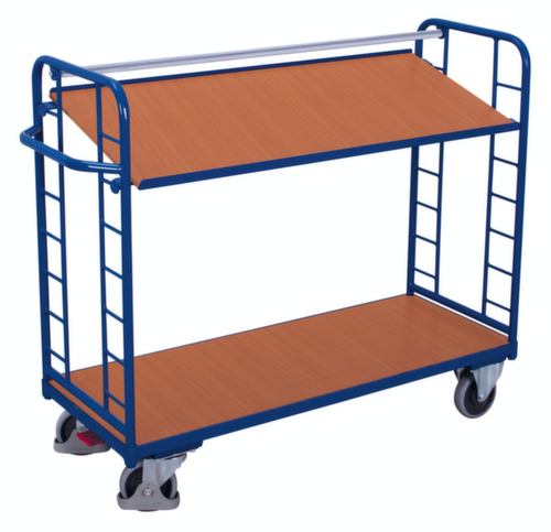 VARIOfit Chariot à étagères avec tablettes en bois inclinables, force 250 kg, 2 plateaux
