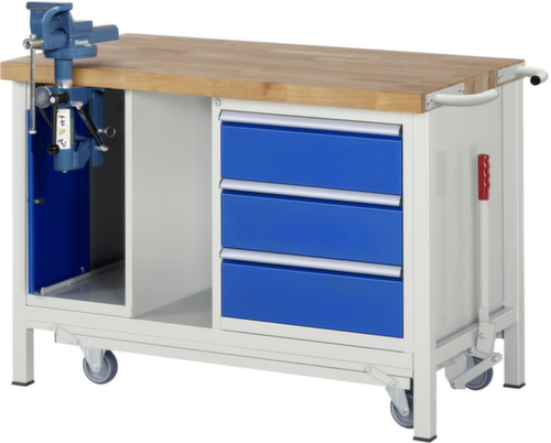 RAU Établi Serie 8000, 3 tiroirs, 1 armoire, 1 tablette, 1 étau, RAL7035 gris clair/RAL5010 bleu gentiane