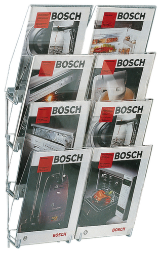 Présentoir mural pour DIN A4, 8 tablettes, structure gris clair