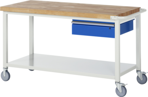RAU Établi mobile Serie 8000, 1 tiroir, 1 tablette, 1 barre de poussée, RAL7035 gris clair/RAL5010 bleu gentiane