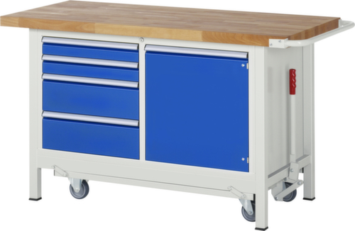 RAU établi Serie 8000 de type rabattable, 4 tiroirs, 1 armoire, 1 barre de poussée, RAL7035 gris clair/RAL5010 bleu gentiane