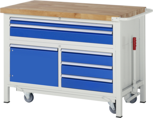 RAU établi Serie 8000 de type rabattable, 5 tiroirs, 1 armoire, 1 barre de poussée, RAL7035 gris clair/RAL5010 bleu gentiane