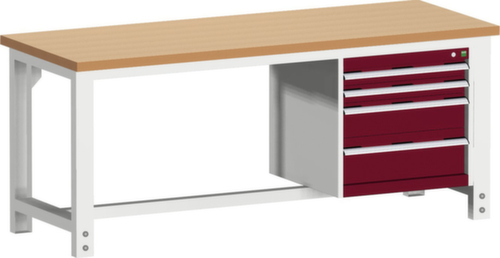 bott Etabli cubio fixe ou réglable en hauteur, 4 tiroirs, RAL7035 gris clair/RAL3004 rouge pourpre
