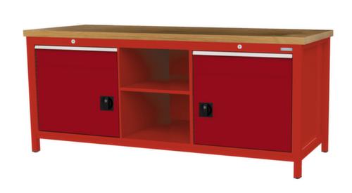 Bedrunka + Hirth Etabli avec plateau en hêtre massif Piétement en plusieurs couleurs, 2 tiroirs, 2 armoires, 2 tablettes