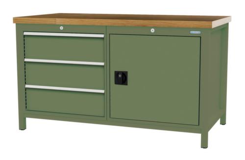 Bedrunka + Hirth Etabli avec plateau en hêtre massif Piétement en plusieurs couleurs, 3 tiroirs, 1 armoire