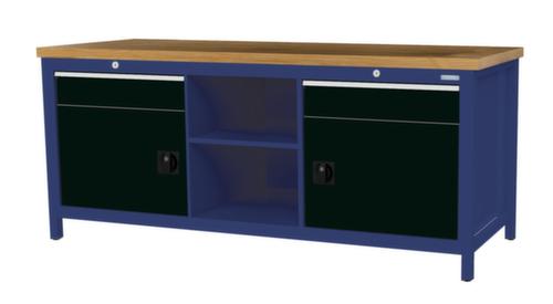 Bedrunka + Hirth Etabli avec plateau en hêtre massif Piétement en plusieurs couleurs, 2 tiroirs, 2 armoires, 2 tablettes