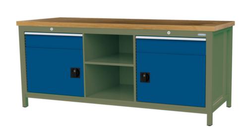 Bedrunka + Hirth Etabli avec plateau en hêtre massif Piétement en plusieurs couleurs, 2 tiroirs, 2 armoires, 2 tablettes