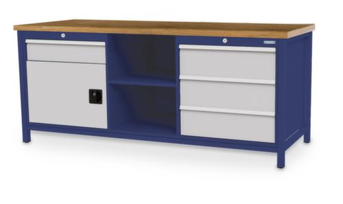 Bedrunka + Hirth Etabli avec plateau en hêtre massif Piétement en plusieurs couleurs, 3 tiroirs, 1 armoire, 2 tablettes