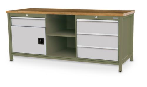 Bedrunka + Hirth Etabli avec plateau en hêtre massif Piétement en plusieurs couleurs, 3 tiroirs, 1 armoire, 2 tablettes