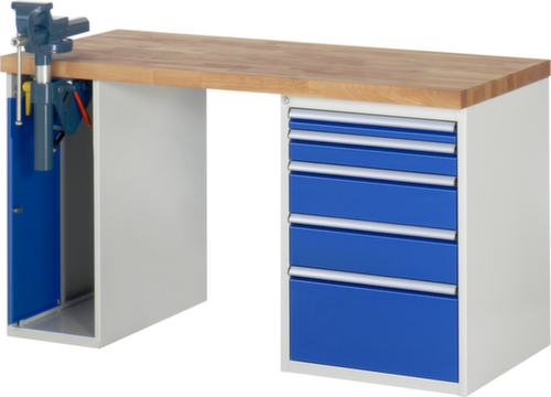 RAU établi Serie 7000 avec piètement en blocs à tiroirs, 5 tiroirs, 1 armoire, 1 étau, RAL7035 gris clair/RAL5010 bleu gentiane