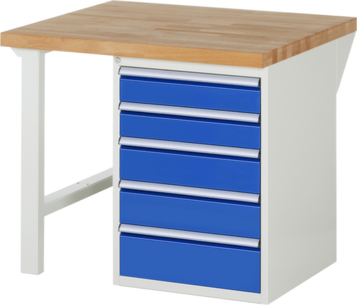 RAU établi Serie 7000 avec piètement en blocs à tiroirs, 5 tiroirs, RAL7035 gris clair/RAL5010 bleu gentiane