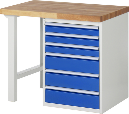 RAU établi Serie 7000 avec piètement en blocs à tiroirs, 6 tiroirs, RAL7035 gris clair/RAL5010 bleu gentiane