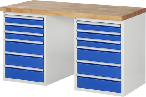 RAU établi Serie 7000 avec piètement en blocs à tiroirs, 12 tiroirs, RAL7035 gris clair/RAL5010 bleu gentiane