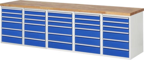 RAU établi Serie 7000 avec piètement en blocs à tiroirs, 30 tiroirs, RAL7035 gris clair/RAL5010 bleu gentiane