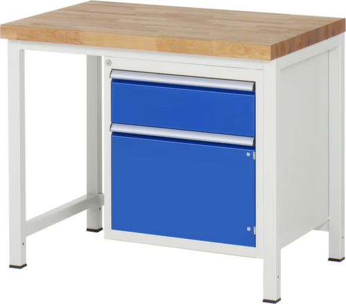 RAU Établi à hauteur réglable Serie 8000, 1 tiroir, 1 armoire, RAL7035 gris clair/RAL5010 bleu gentiane