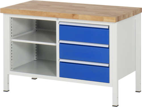 RAU Établi à hauteur réglable Serie 8000, 3 tiroirs, 2 tablettes, RAL7035 gris clair/RAL5010 bleu gentiane