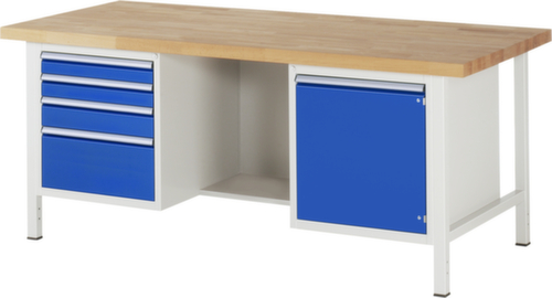 RAU Établi à hauteur réglable Serie 8000, 4 tiroirs, 1 armoire, RAL7035 gris clair/RAL5010 bleu gentiane