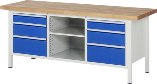 RAU Établi à hauteur réglable Serie 8000, 6 tiroirs, 2 tablettes, RAL7035 gris clair/RAL5010 bleu gentiane