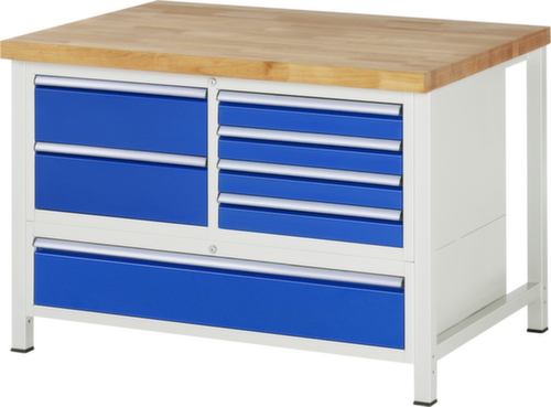 RAU Établi à hauteur réglable Serie 8000, 7 tiroirs, RAL7035 gris clair/RAL5010 bleu gentiane