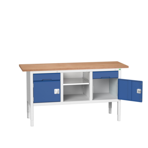 bott bloc établi à hauteur réglable verso, 2 tiroirs, 2 armoires, 1 tablette, RAL7035 gris clair/RAL5010 bleu gentiane