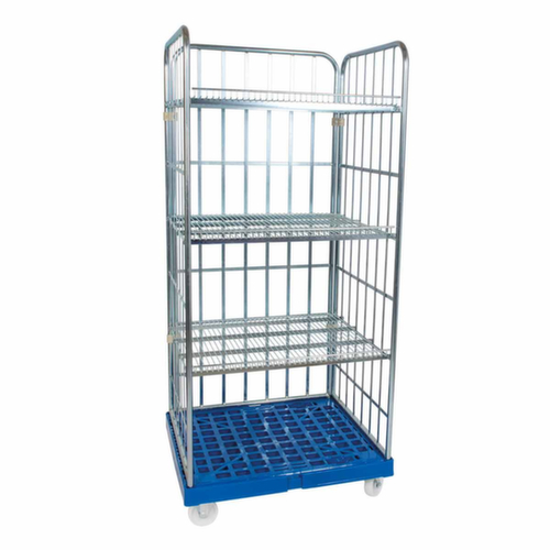 Bac sur roulettes rolltainer® avec 3 parois et tablettes, force 500 kg, longueur x largeur 815 x 724 mm