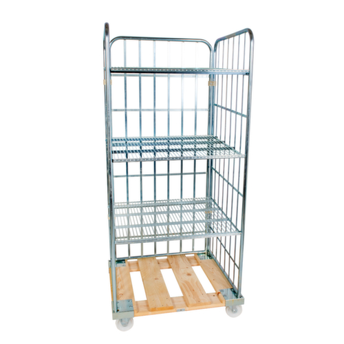 Bac sur roulettes rolltainer® avec 3 parois et 3 tablettes, force 500 kg, longueur x largeur 810 x 724 mm
