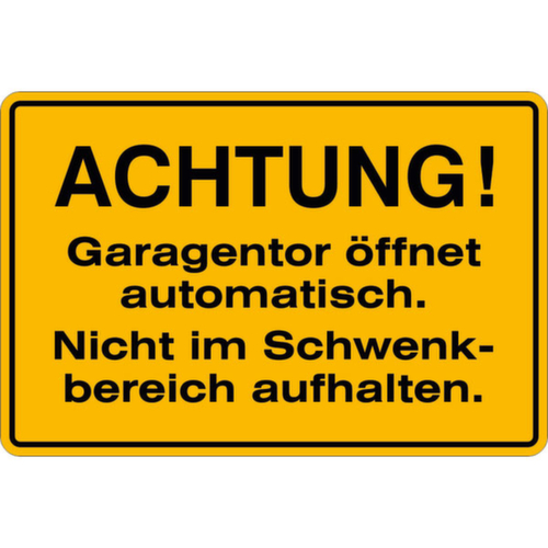 panneau indicateur SafetyMarking® pour vide-citernes, « Attention ! Porte de garage automatique. »