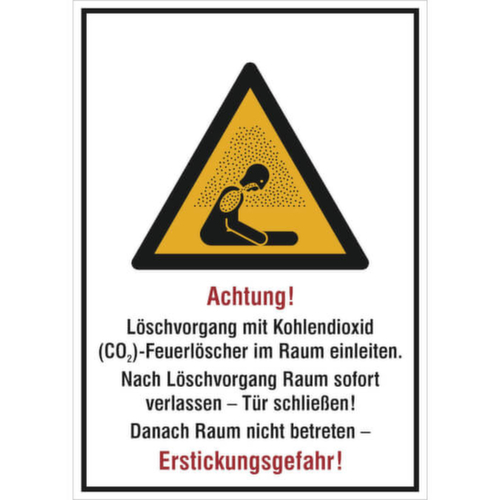 panneau d'avertissement combiné SafetyMarking® « Attention ! Extinction avec extincteur au dioxyde de carbone (CO2) »