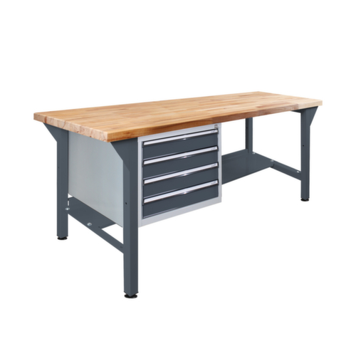 Établi avec plateau en hêtre massif, 4 tiroirs, 1 tablette, RAL7016 gris anthracite/RAL7016 gris anthracite