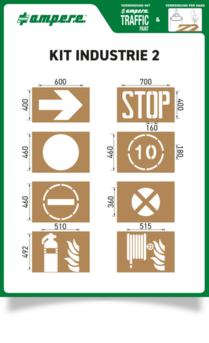 a.m.p.e.r.e. kit de pochoirs Industrie 2 pour le marquage au sol, flèche, stop, cercle, vitesse maximale autorisée, sens interdit, défense de s'arrêter, extincteur, bouche d'incendie murale