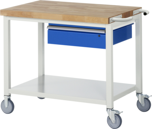 RAU Établi mobile Serie 8000, 1 tiroir, 1 tablette, 1 barre de poussée, RAL7035 gris clair/RAL5010 bleu gentiane