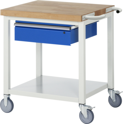 RAU Établi mobile Serie 8000, 1 tiroir, 1 tablette, 1 barre de poussée, RAL7035 gris clair/RAL5010 bleu gentiane